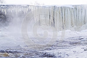 Frozen small mountain waterfall close up. Frozen Jagala Falls, Estonia