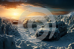 a frozen and snow covered car, traffic jam of cars stuck in the snow