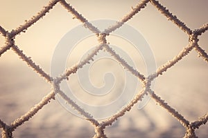 Frozen snow on metal fence