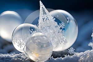 Frozen soap bubbles and ice crystals