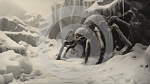 Frozen Spider: A Surreal Sculpture In Monochromatic Landscapes photo