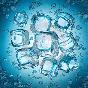Frozen splash ice cubes on blue backdrop cooling sensation