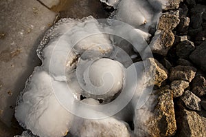 The frozen stones on the coast of the lake