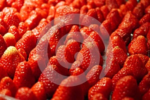 Frozen strawberries on the tray selective focus close up view