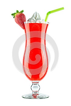 Frozen Strawberry Daiquiri Cocktail with Whipped Cream on White Background