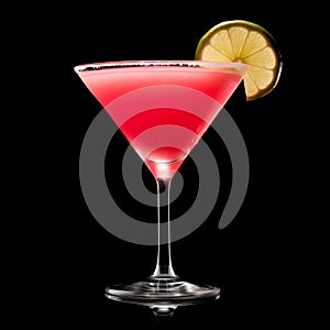 Frozen strawberry daiquiri garnished with slice of lime on a black background. Classic Hemingway cocktail