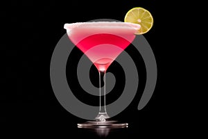 Frozen strawberry daiquiri garnished with slice of lime on a black background. Classic Hemingway cocktail