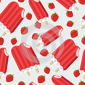 Frozen strawberry double ice cream icons vector illustration with strawberries. Seamless pattern. Gray background.