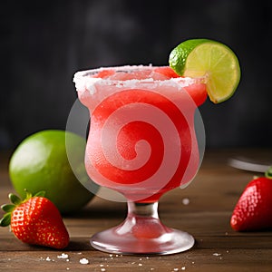 Frozen strawberry margarita garnished with a salt rim and a lime slice on dark background. Margarita with crushed ice. Summer red