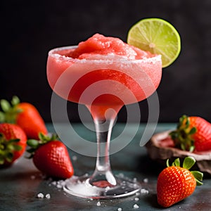 Frozen strawberry margarita garnished with a salt rim and a lime slice on dark background. Margarita with crushed ice. Red