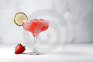 Frozen strawberry margarita garnished with a salt rim and a lime slice on grey, copy space. Margarita with crushed ice. Frozen red