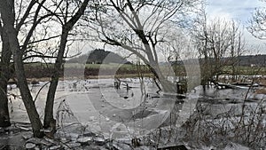 Frozen stream with ice floes and water