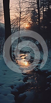 Wintry Creek In Backlit Photography: A Romanticized Landscape Captured With Nikon F2 photo