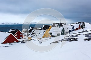 Frozen street at the fjord. Nuuk, Greenland