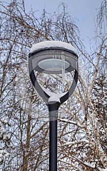 Frozen street light with icicles in cold winter day