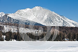 Frozen surface of lake in mountains