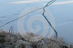 Frozen Surface of Lake Valkeinen and Hoarfrost on Plants in Kuopio, Finland