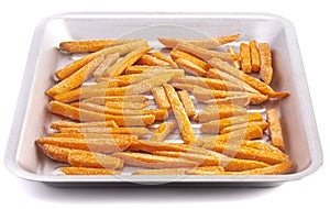 Frozen Sweet Potato Fries on a Metal Cooking Sheet