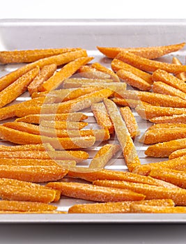 Frozen Sweet Potato Fries on a Metal Cooking Sheet