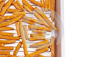 Frozen Sweet Potato Fries on a Metal Cooking Sheet