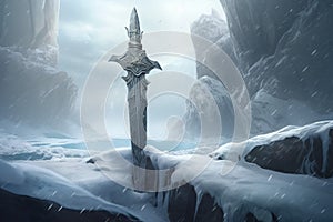 Frozen sword stuck in stone. Generate Ai