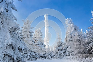 Frozen television or cellular tower in heavy snow near ski center. Telecommunication towers with dish and mobile antenna against