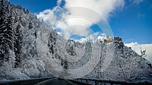 Frozen trees around road covered by snow and ice in winter.