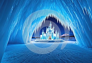 A frozen tundra with ice castles and snow creatures