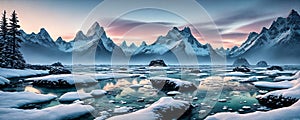 Frozen tundra planet, frigid, icy world. Panorama. Generative AI