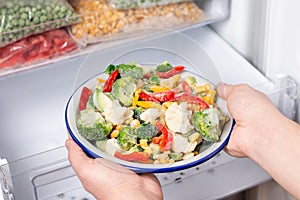 Frozen vegetables: broccoli, corn, pea, cauliflower, peppers, green beans on plate in the freezer