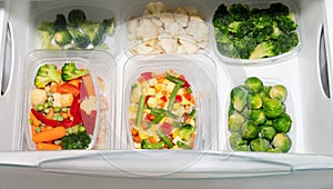 Frozen vegetables in the freezer. Frozen food. Homemade preparations. Closeup