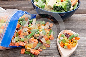 Frozen vegetables in a plastic bag. Healthy food storage concept