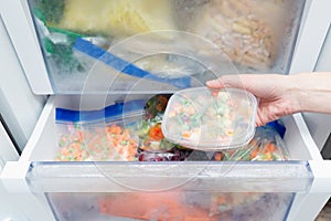 Frozen vegetables in a plastic bag. Healthy food storage concept