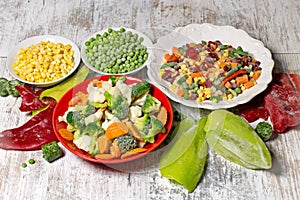 Frozen vegetables in plate and bowl, frozen vegetables retain all the nutrients photo