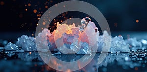 Frozen water combusting against dark backdrop, ice, water, fire photo