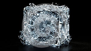 Frozen water cube on a dark surface melting liquid ice refreshment cold cubelet drink clear block wetness 3d