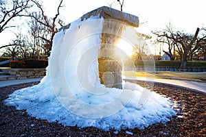 Frozen water fountain in Granbury, Texas during winter freeze