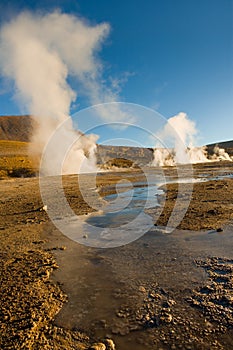 Frozen water and fumaroles at an altitude of 4300m, El Tatio Geysers, Atacama desert