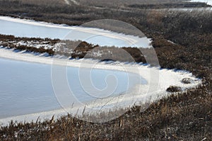 Frozen water, patterns of snow in small lakes.