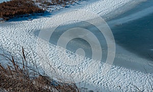 Frozen water, patterns of snow in small lakes. Tiligul estuary, Ukraine