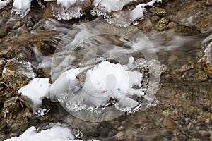 Frozen water in a stream in the mountains of Zailiyskiy Alatau