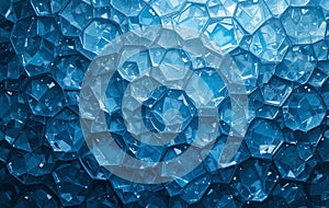 Frozen water texture with blue crystal and glass patterns creates a cold, wet, and transparent abstract background photo