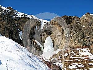 Frozen waterfall in Alborz mountains called Sangan Waterfall , winter landscape