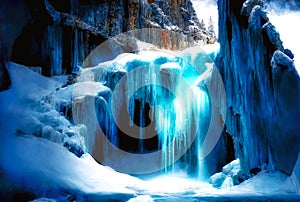 Frozen waterfall background, winter ladscape, river, snow, ice. Generative AI