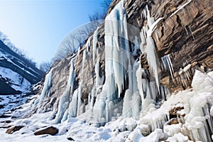 frozen waterfall hanging off a rugged cliff