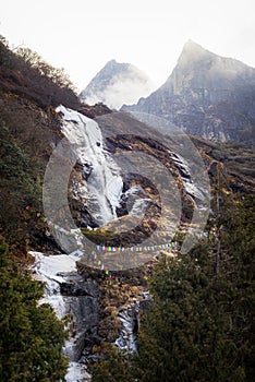 Frozen waterfall in Himalayas mountains. Everest Base Camp trek.