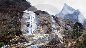Frozen waterfall in Himalayas mountains. Everest Base Camp trek.