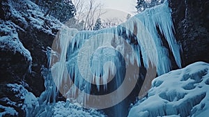 Frozen Waterfall and Icicle Formations in a Rocky Winter Landscape
