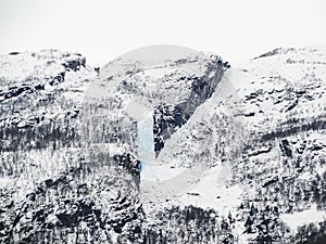 Frozen waterfall and icicles, beautiful landscape in Norway