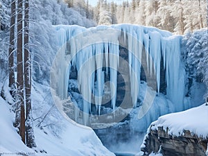 Frozen Waterfall in a Winter Forest. AI generated